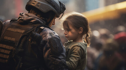 Soldier and children on battlefield background. Military and rescue operation concept. - obrazy, fototapety, plakaty
