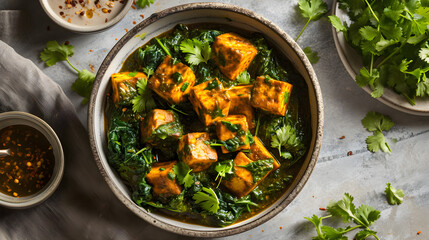Top view bowl of authentic saag paneer, a homemade North Indian creation with spinach and cottage cheese, is displayed. Generative AI