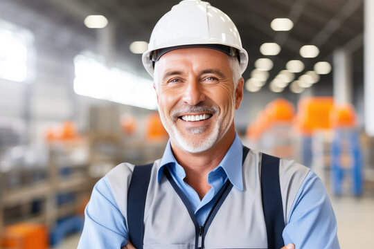 Portrait of smiling mature man in hardhat standing with arms crossed in warehouse