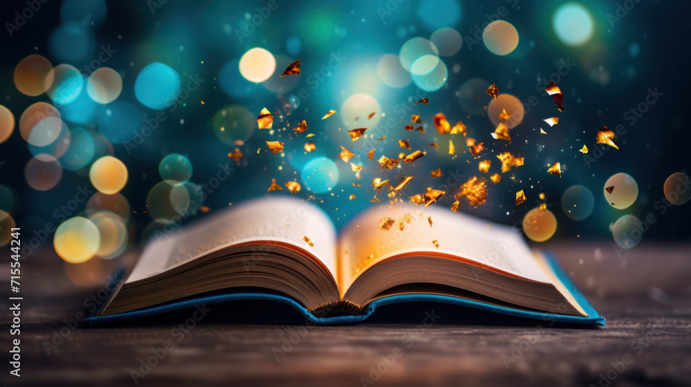 Poster an open book on a wooden surface with mystical glowing particles floating above, suggesting magic an