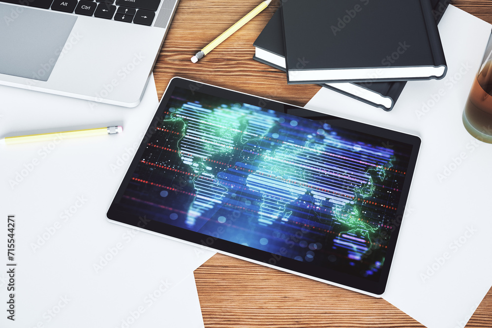 Poster modern digital tablet display with abstract creative world map, globalization concept. top view. 3d 