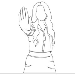 Continuous line drawing young business woman showing palm as stop sign, hold or rejection gesture concept