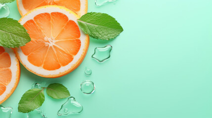 Vibrant orange slices with fresh mint leaves and scattered water droplets on a mint green...