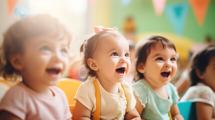 A group of toddlers express sheer joy and excitement at a vibrant, colorful birthday party celebration.