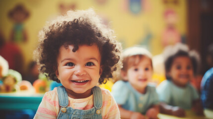 A curly-haired toddler smiles joyfully in a vibrant playroom setting, showcasing the happiness found in simple play.