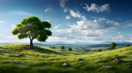 Mountain and field rice tree, clean sky background,,
A tree on a hill with a sky background
