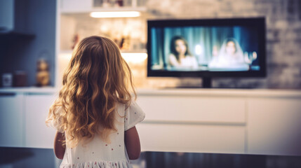 A young girl with curly hair standing in a living room, captivated by a show on a modern television set, representing leisure and family time. - obrazy, fototapety, plakaty