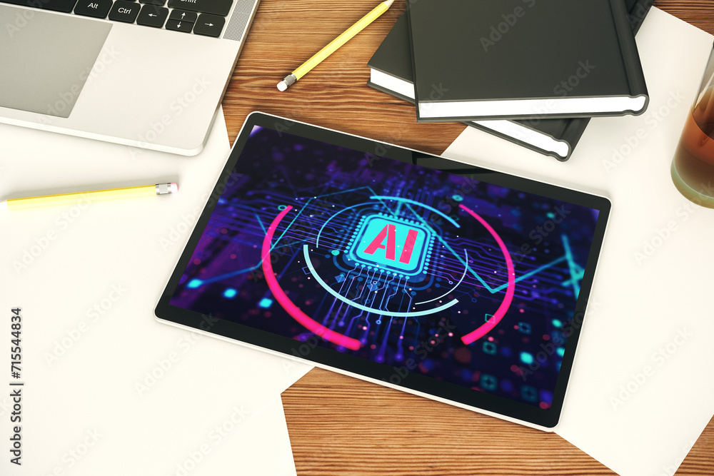 Leinwandbilder top view of modern digital tablet screen with creative artificial intelligence abbreviation. future 