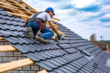 Professional roofer at work, installing metal roof tiles - obrazy, fototapety, plakaty