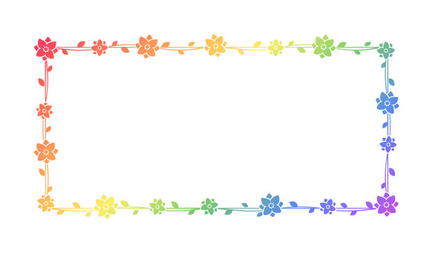 Rectangle rainbow floral frame template. Pride Month Frame Border Design Element. Vector art with flowers and leaves.