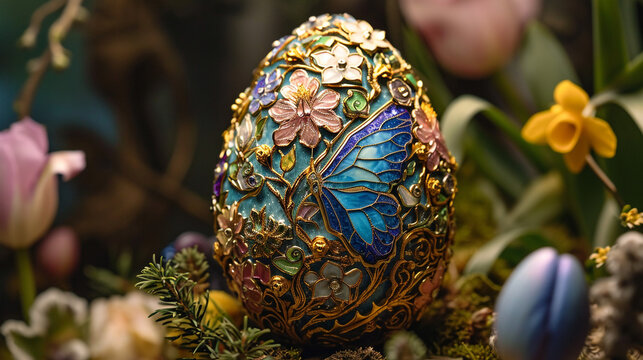 A Fabergé egg, a portal to an enchanted garden, showcases a tapestry of nature's wonders on its exterior. Delicate blossoms, vibrant butterflies, and golden vines intertwine, art.