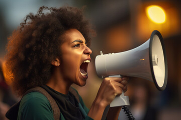 Closeup portrait of young African American woman shouting through megaphone while being on anti-racism protest. - obrazy, fototapety, plakaty