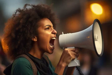Fototapete Vereinigte Staaten Closeup portrait of young African American woman shouting through megaphone while being on anti-racism protest.