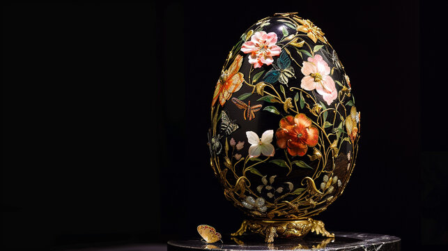A Fabergé egg, a portal to an enchanted garden, showcases a tapestry of nature's wonders on its exterior. Delicate blossoms, vibrant butterflies, and golden vines intertwine, art.
