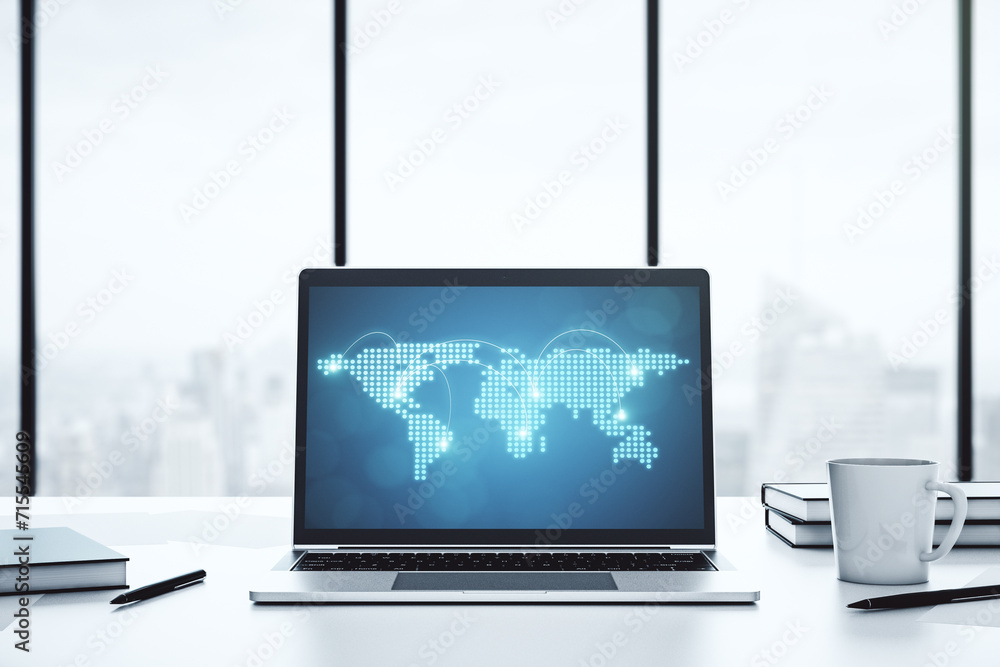 Poster abstract creative world map with connections on modern laptop screen, international trading concept.