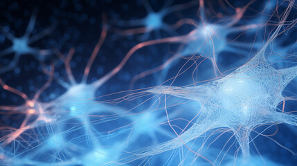 Digital illustration depicting a network of neurons with synapses, highlighting neural connections and brain activity.
