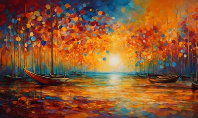 An artistic painting depicting the sunset over a small river with some boats, and on its sides, there are trees.