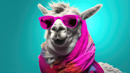 fashionable llama with trend-setting eyewear. unique and whimsical image for creative branding and marketing materials - obrazy, fototapety, plakaty