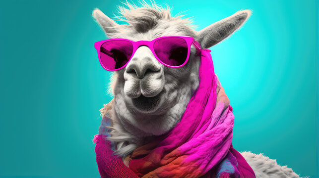 fashionable llama with trend-setting eyewear. unique and whimsical image for creative branding and marketing materials