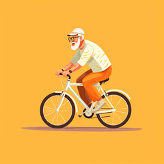 flat drawing, an elderly man rides a bicycle, smiles. flat style. sports, old people, travel