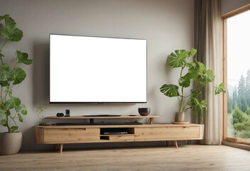 modern living room with lcd tv, empty white tv screen render
