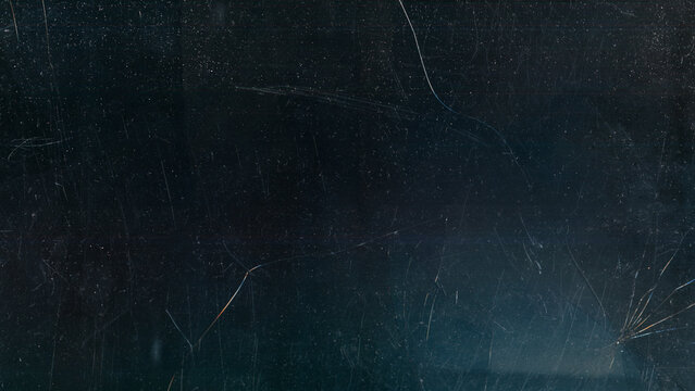 Distressed glass. Broken texture. White dust scratches shattered distressed worn screen dark black blue grunge illustration abstract background.