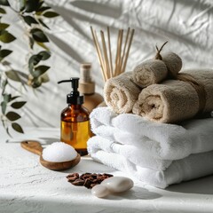 Obraz na płótnie Canvas Beauty spa salon menu background minimal set. Bathroom products on light minimal wooden background.