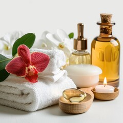 Fototapeta na wymiar Beauty spa salon menu background minimal set. Bathroom products on light minimal wooden background.