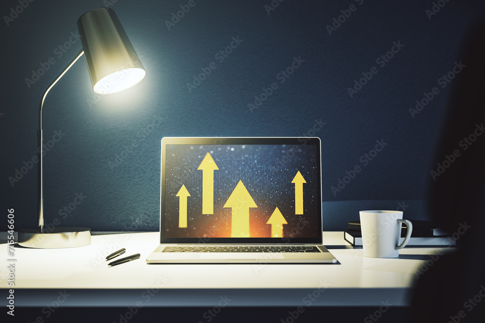 Poster creative abstract upward arrows hologram on modern computer monitor, leadership and motivation conce