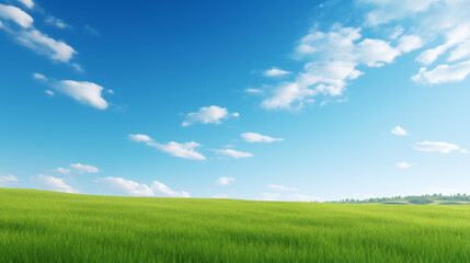 Fototapeta na wymiar Idyllic Rolling Green Hills Under a Clear Blue Sky with Wispy Clouds. Tranquil Nature Landscape Concept