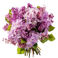  Lilac flowers, a bouquet with purple tones and delicate stems, complemented by the green leaves, creating a charming look