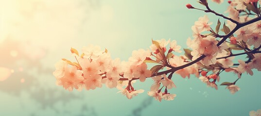 Pastel colored spring nature background with blooming flowers and fresh green foliage