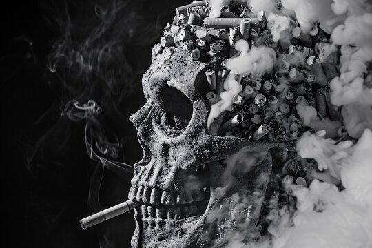 Cigarette smoke enveloping a human skull in a photo montage