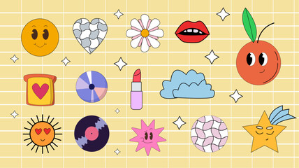 Collection of abstract and geometric freeform stickers.Groovy stickers 60s 70s 80s mascot aesthetic. Cartoon funky stickers
