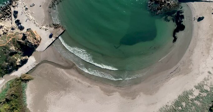 Aerial top down view of beautiful bay. Bolata beach on Black sea, Bulgaria. Famous bay near Cape Kaliakra. 