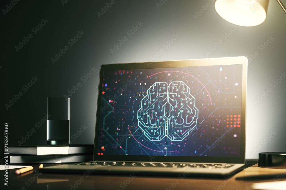 Poster modern computer monitor with creative artificial intelligence symbol. neural networks and machine le