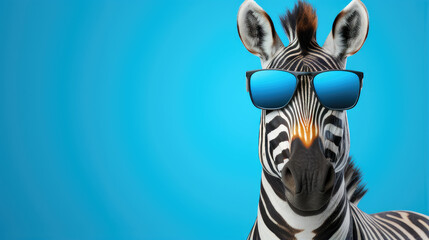 fashion-forward zebra showcasing chic sunglasses, isolated blue background. ideal for youthful and playful branding campaigns