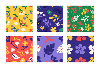 Obraz na płótnie Canvas Set of colorful floral seamless pattern. Botanical isolated flat vector illustrations. Minimalist plants cutouts set. Hand drawn nature elements for wrapping paper, wallpaper, textile or branding.