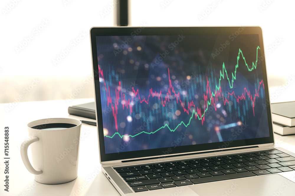 Poster abstract creative financial graph on modern laptop monitor, forex and investment concept. 3d renderi
