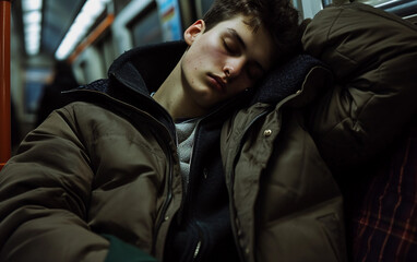 Fototapeta premium Young Man Sleeping on Subway Train