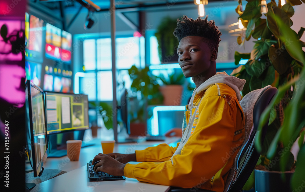 Poster man sitting in front of computer monitor, professional at work