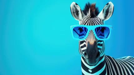 Poster cool zebra wearing sunglasses on a vibrant blue background. stylish and funky wildlife image perfect for modern decor © StraSyP BG