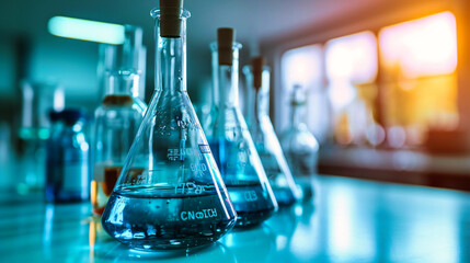 Scientific Experimentation: A close-up view of a laboratory setting with chemical flasks, test tubes, and futuristic blue technology elements - obrazy, fototapety, plakaty