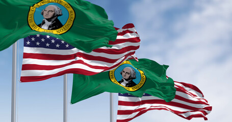 Close-up of Washington state flag waving in the wind. dark green field with a seal showing the picture of George Washington in the middle. 3d illustration render. Rippling fabric. Textured background