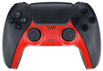 Black and red gaming controller isolated on a transparent background.