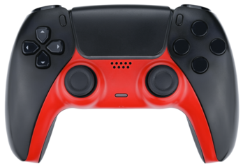 Black and red gaming controller isolated on a transparent background.
