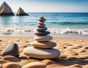 Fototapeta na wymiar pyramid of stones on the beach
