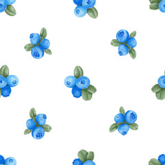 Seamless pattern with watercolor blueberries and leaves isolated on white background. Hand drawn watercolor illustration.