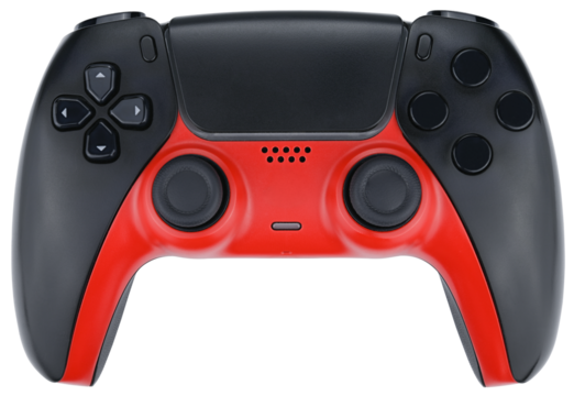 Black and red gaming controller isolated on a transparent background.