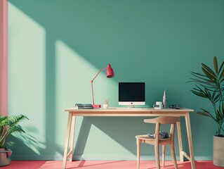 A minimalist workspace, featuring a clutter-free desk and soothing colors